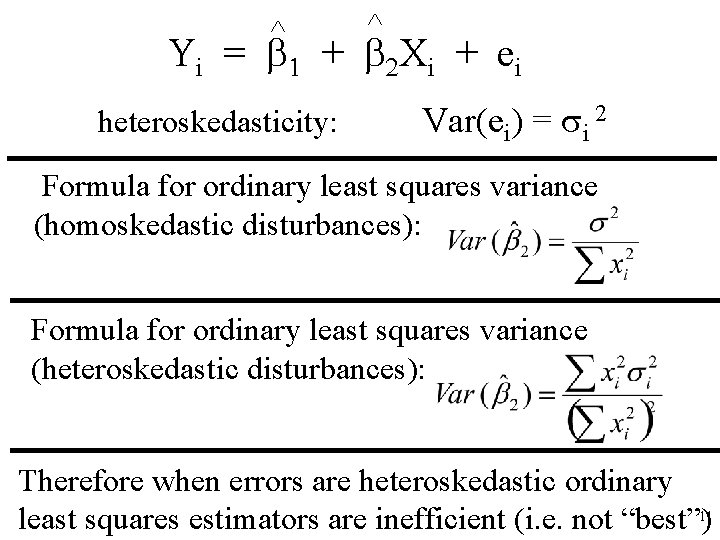^ ^ Yi = 1 + 2 Xi + ei heteroskedasticity: Var(ei) = i ^ ^ Yi = 1 + 2 Xi + ei heteroskedasticity: Var(ei) = i