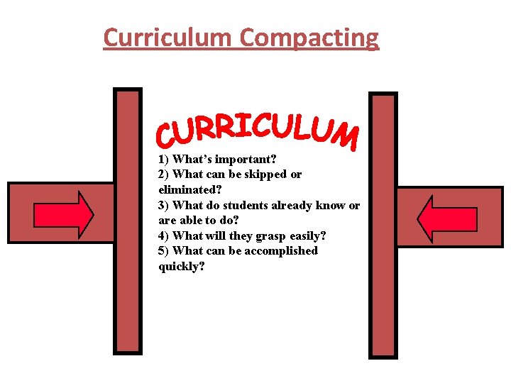 Curriculum Compacting 1) What’s important? 2) What can be skipped or eliminated? 3) What