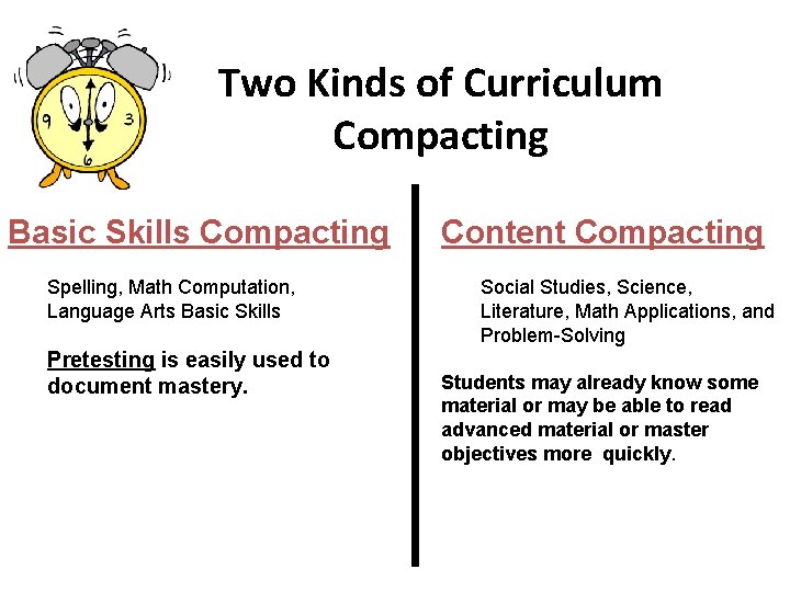 Two Kinds of Curriculum Compacting Basic Skills Compacting Spelling, Math Computation, Language Arts Basic