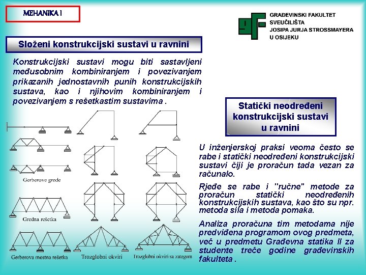 MEHANIKA I Složeni konstrukcijski sustavi u ravnini Konstrukcijski sustavi mogu biti sastavljeni međusobnim kombiniranjem MEHANIKA I Složeni konstrukcijski sustavi u ravnini Konstrukcijski sustavi mogu biti sastavljeni međusobnim kombiniranjem