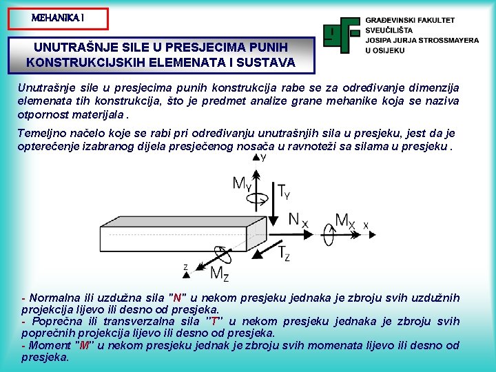 MEHANIKA I UNUTRAŠNJE SILE U PRESJECIMA PUNIH KONSTRUKCIJSKIH ELEMENATA I SUSTAVA Unutrašnje sile u MEHANIKA I UNUTRAŠNJE SILE U PRESJECIMA PUNIH KONSTRUKCIJSKIH ELEMENATA I SUSTAVA Unutrašnje sile u