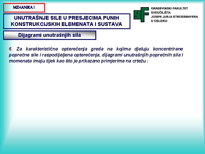 MEHANIKA I UNUTRAŠNJE SILE U PRESJECIMA PUNIH KONSTRUKCIJSKIH ELEMENATA I SUSTAVA Dijagrami unutrašnjih sila MEHANIKA I UNUTRAŠNJE SILE U PRESJECIMA PUNIH KONSTRUKCIJSKIH ELEMENATA I SUSTAVA Dijagrami unutrašnjih sila