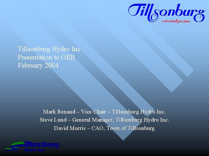 Tillsonburg Hydro Inc. Presentation to OEB February 2004 Mark Renaud – Vice Chair –