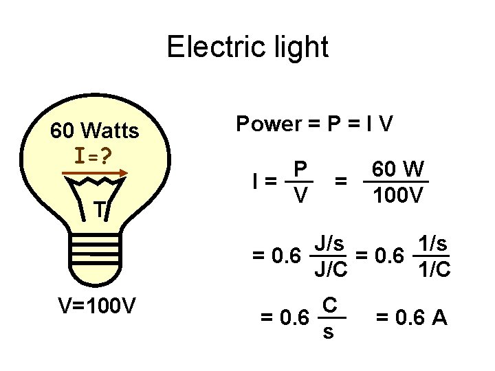 Electric light 60 Watts I=? T Power = P = I V P I=