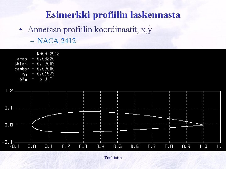 Esimerkki profiilin laskennasta • Annetaan profiilin koordinaatit, x, y – NACA 2412 Tuulitaito Esimerkki profiilin laskennasta • Annetaan profiilin koordinaatit, x, y – NACA 2412 Tuulitaito