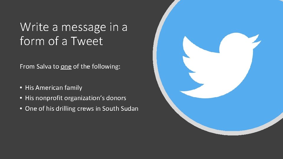 Write a message in a form of a Tweet From Salva to one of