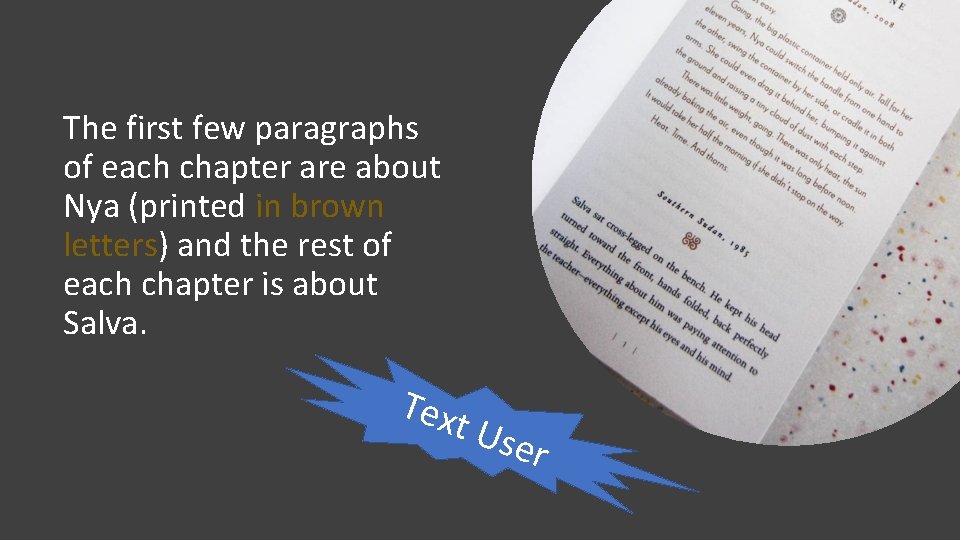 The first few paragraphs of each chapter are about Nya (printed in brown letters)