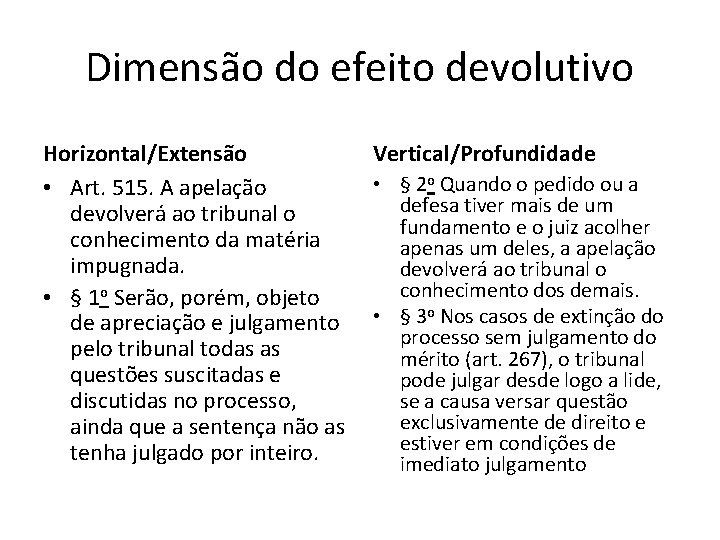 Dimensão do efeito devolutivo Horizontal/Extensão • Art. 515. A apelação devolverá ao tribunal o