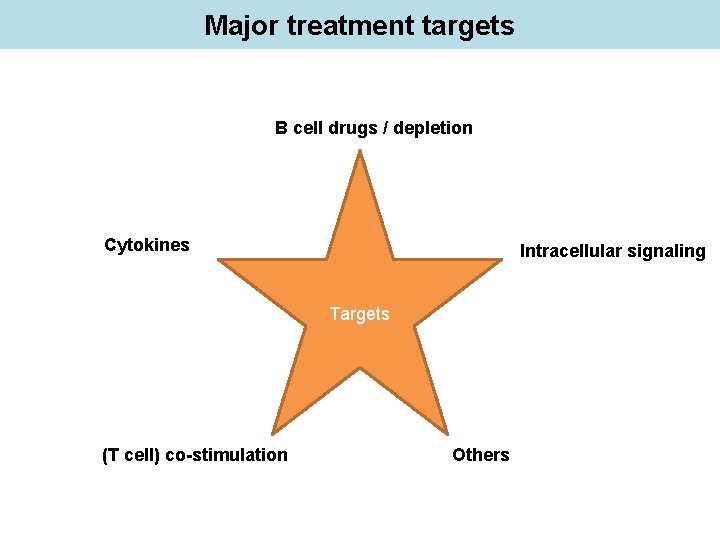 Major treatment targets B cell drugs / depletion Cytokines Intracellular signaling Targets (T cell)