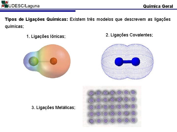 Química Geral Tipos de Ligações Químicas: Existem três modelos que descrevem as ligações químicas;