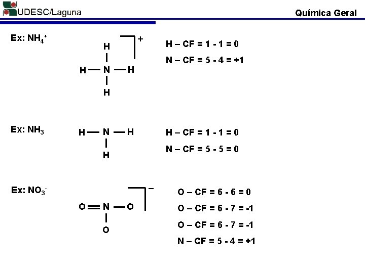 Química Geral Ex: NH 4+ + H H N H – CF = 1