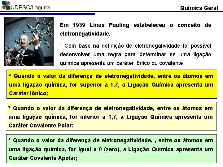 Química Geral Em 1939 Linus Pauling estabeleceu o conceito de eletronegatividade. * Com base