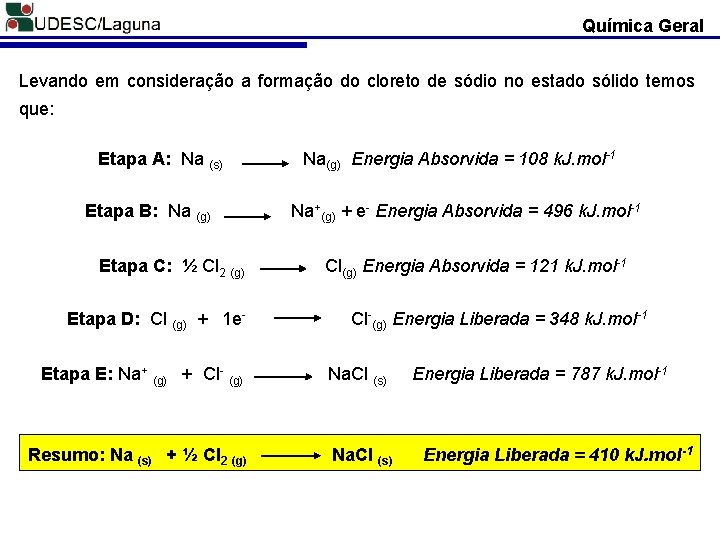 Química Geral Levando em consideração a formação do cloreto de sódio no estado sólido