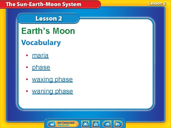 Earth’s Moon • maria • phase • waxing phase • waning phase 