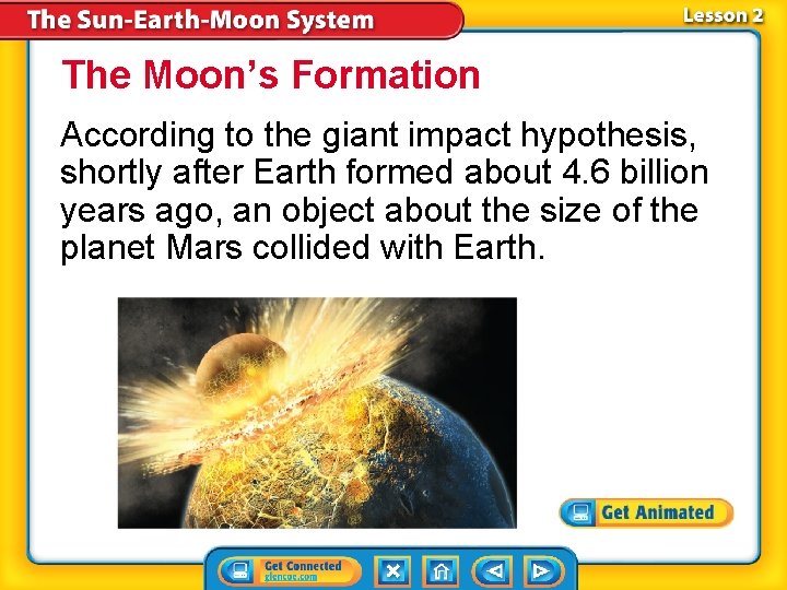 The Moon’s Formation According to the giant impact hypothesis, shortly after Earth formed about