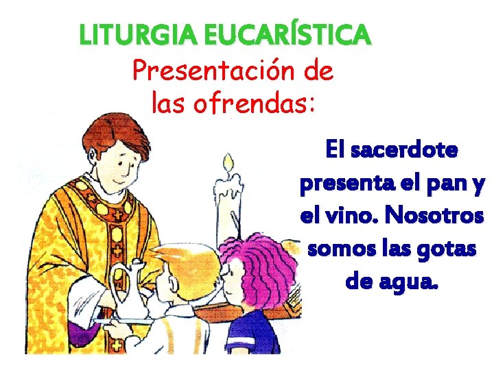 LITURGIA EUCARÍSTICA Presentación de las ofrendas: El sacerdote presenta el pan y el vino. LITURGIA EUCARÍSTICA Presentación de las ofrendas: El sacerdote presenta el pan y el vino.