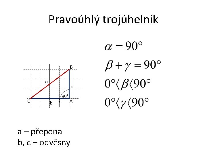 Pravoúhlý trojúhelník B a C c 90° b A a – přepona b, c