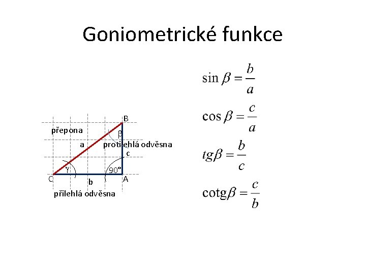 Goniometrické funkce B přepona a C protilehlá odvěsna c 90° A b přilehlá odvěsna