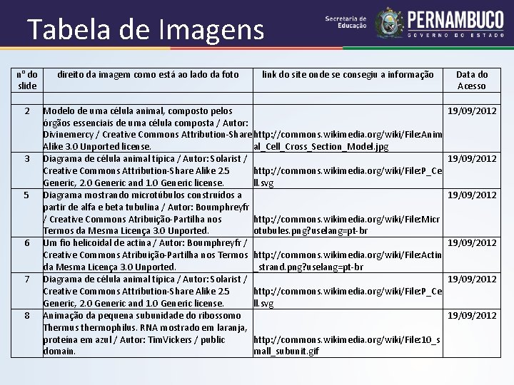 Tabela de Imagens n° do direito da imagem como está ao lado da foto