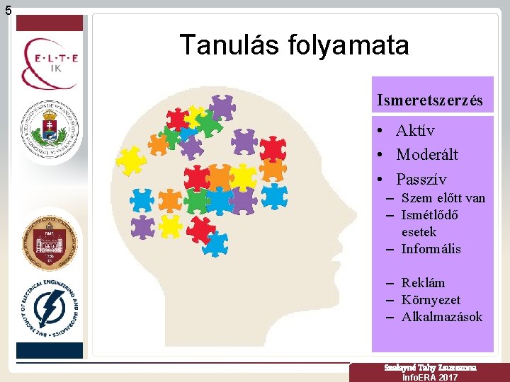 5 Tanulás folyamata Ismeretszerzés • Aktív • Moderált • Passzív – Szem előtt van