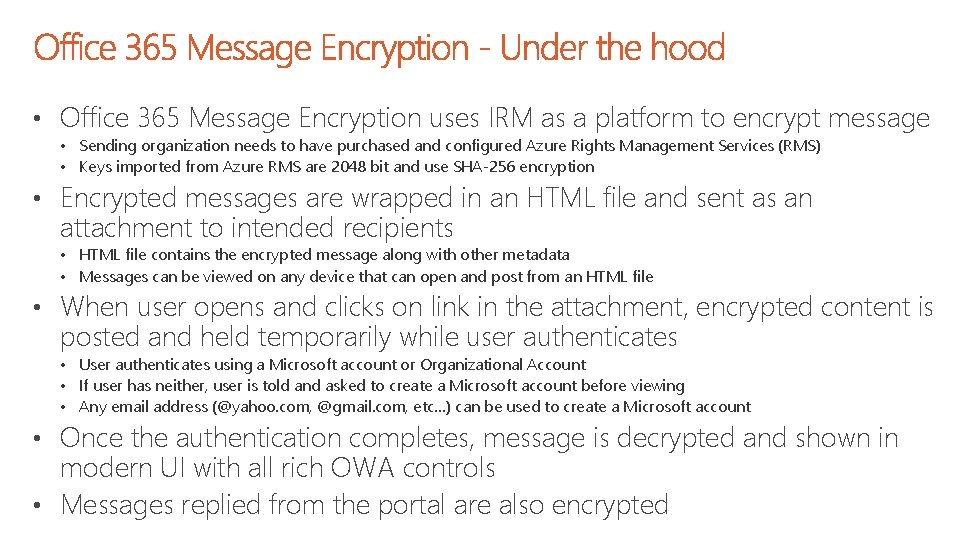  • Office 365 Message Encryption uses IRM as a platform to encrypt message