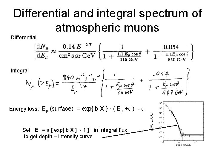 Differential and integral spectrum of atmospheric muons Differential Integral Energy loss: Em (surface) =
