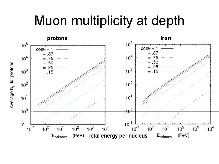 Muon multiplicity at depth protons Iron Total energy per nucleus 