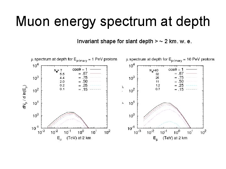 Muon energy spectrum at depth Invariant shape for slant depth > ~ 2 km.