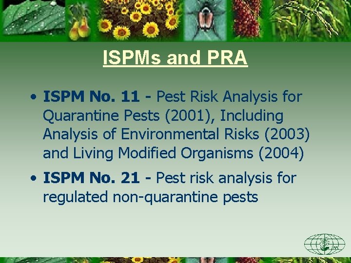 ISPMs and PRA • ISPM No. 11 - Pest Risk Analysis for Quarantine Pests