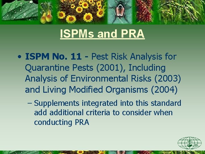 ISPMs and PRA • ISPM No. 11 - Pest Risk Analysis for Quarantine Pests