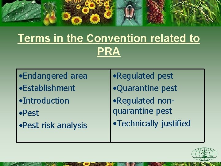 Terms in the Convention related to PRA • Endangered area • Establishment • Introduction