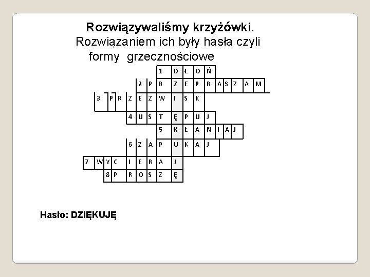 Rozwiązywaliśmy krzyżówki. Rozwiązaniem ich były hasła czyli formy grzecznościowe 1 2 P R 3