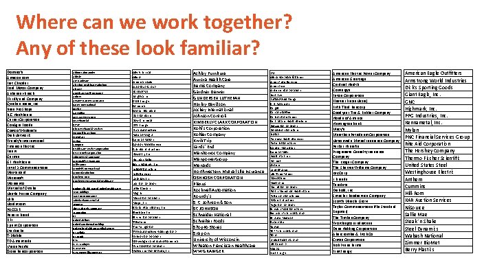 Where can we work together? Any of these look familiar? Domino's Amazon. com Fiat