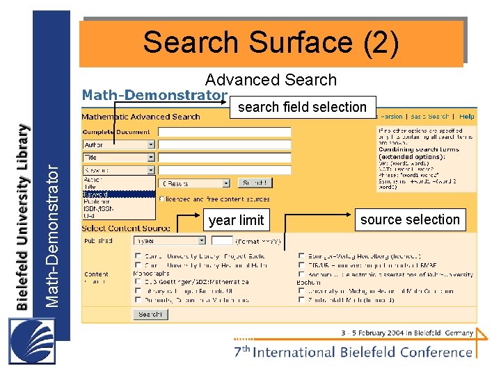 Search Surface (2) Advanced Search Math-Demonstrator search field selection year limit source selection 
