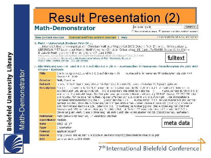 Result Presentation (2) Math-Demonstrator fulltext meta data 