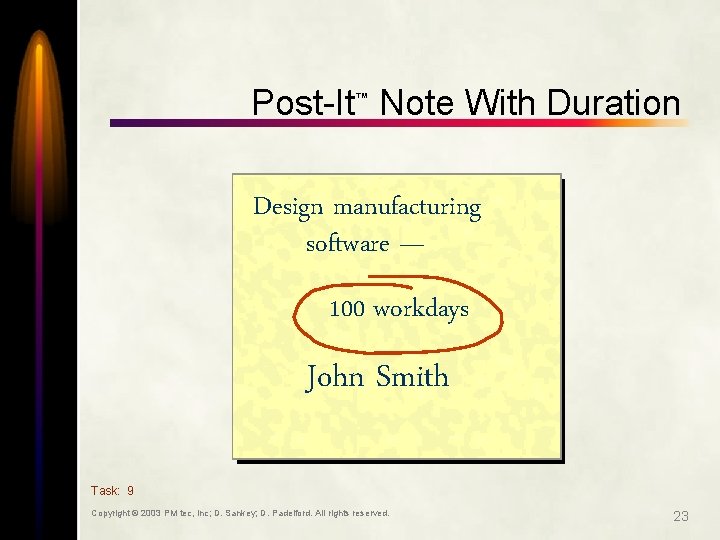 Post-It Note With Duration ™ Design manufacturing software — 100 workdays John Smith Task:
