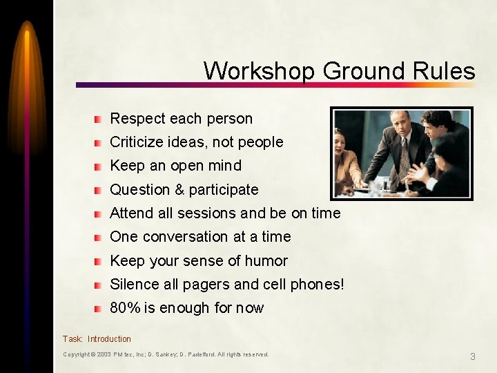 Workshop Ground Rules Respect each person Criticize ideas, not people Keep an open mind