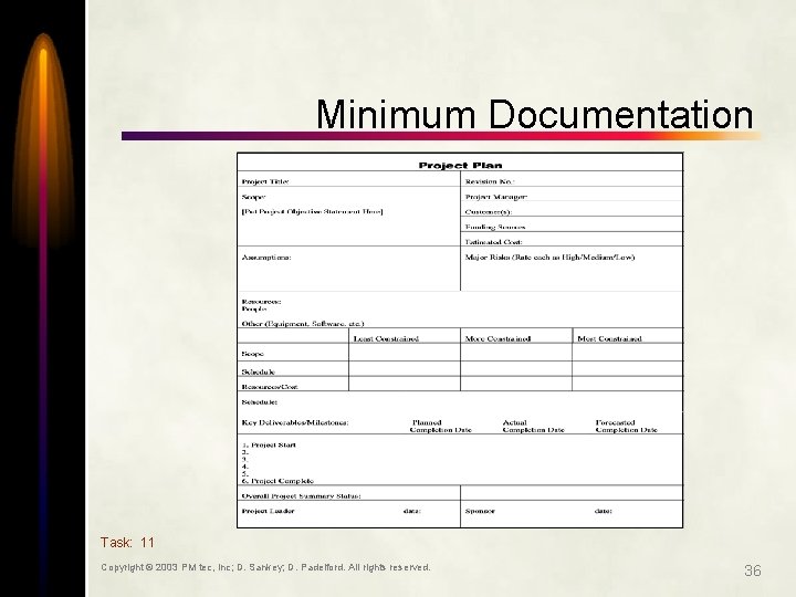 Minimum Documentation Task: 11 Copyright © 2003 PM tec, Inc; D. Sankey; D. Padelford.