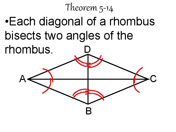 Theorem 5 -14 • Each diagonal of a rhombus bisects two angles of the