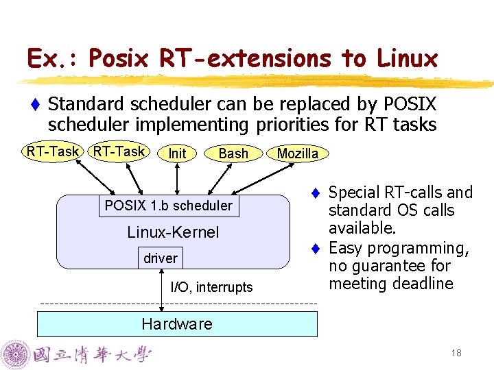 Ex. : Posix RT-extensions to Linux t Standard scheduler can be replaced by POSIX