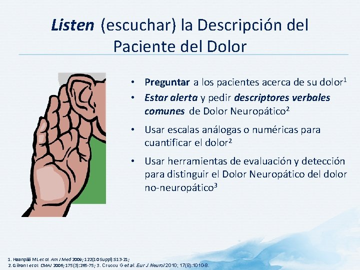 Listen (escuchar) la Descripción del Paciente del Dolor • Preguntar a los pacientes acerca