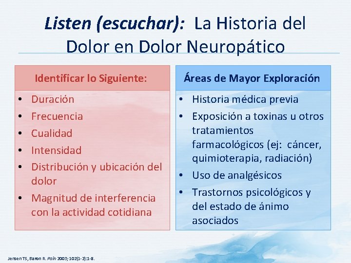 Listen (escuchar): La Historia del Dolor en Dolor Neuropático Identificar lo Siguiente: Áreas de