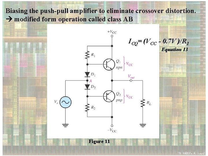 Biasing the push-pull amplifier to eliminate crossover distortion. modified form operation called class AB
