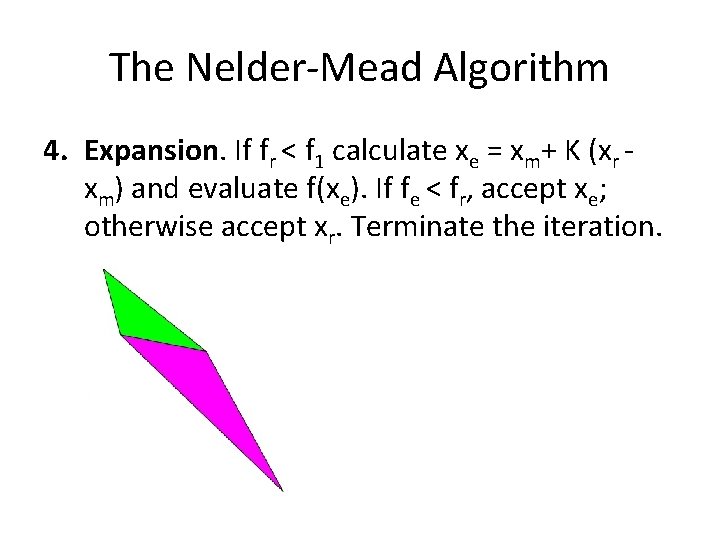 The Nelder-Mead Algorithm 4. Expansion. If fr < f 1 calculate xe = xm+