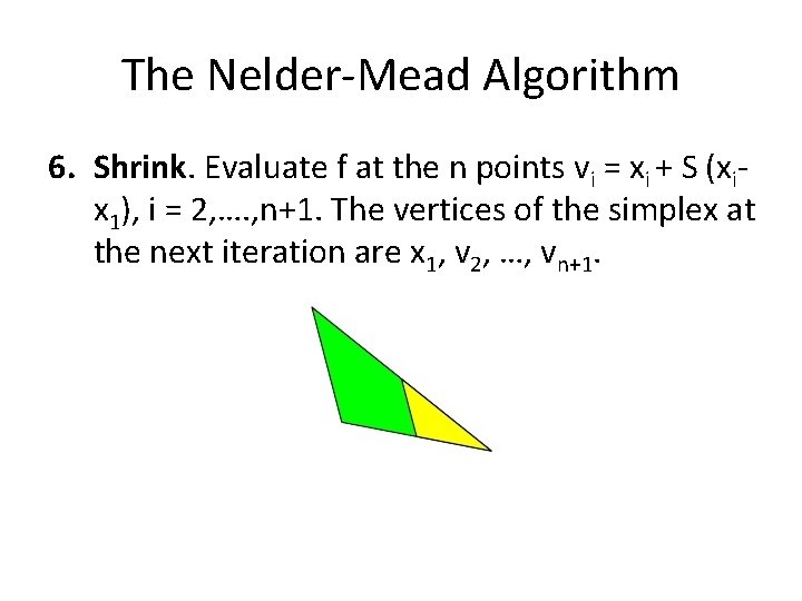 The Nelder-Mead Algorithm 6. Shrink. Evaluate f at the n points vi = xi