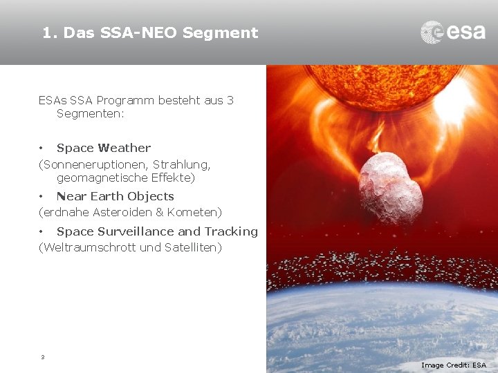 1. Das SSA-NEO Segment ESAs SSA Programm besteht aus 3 Segmenten: • Space Weather