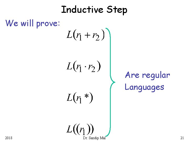 Inductive Step We will prove: Are regular Languages 2018 Dr. Sandip Mal 21 