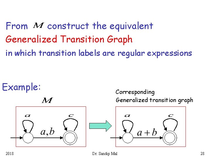From construct the equivalent Generalized Transition Graph in which transition labels are regular expressions