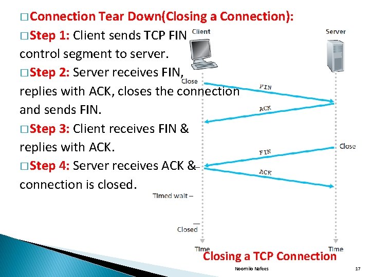 � Connection Tear Down(Closing a Connection): � Step 1: Client sends TCP FIN control