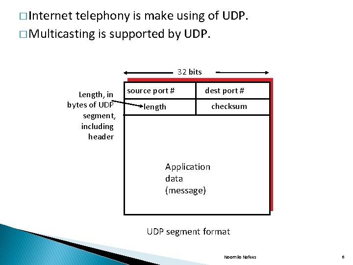 � Internet telephony is make using of UDP. � Multicasting is supported by UDP.